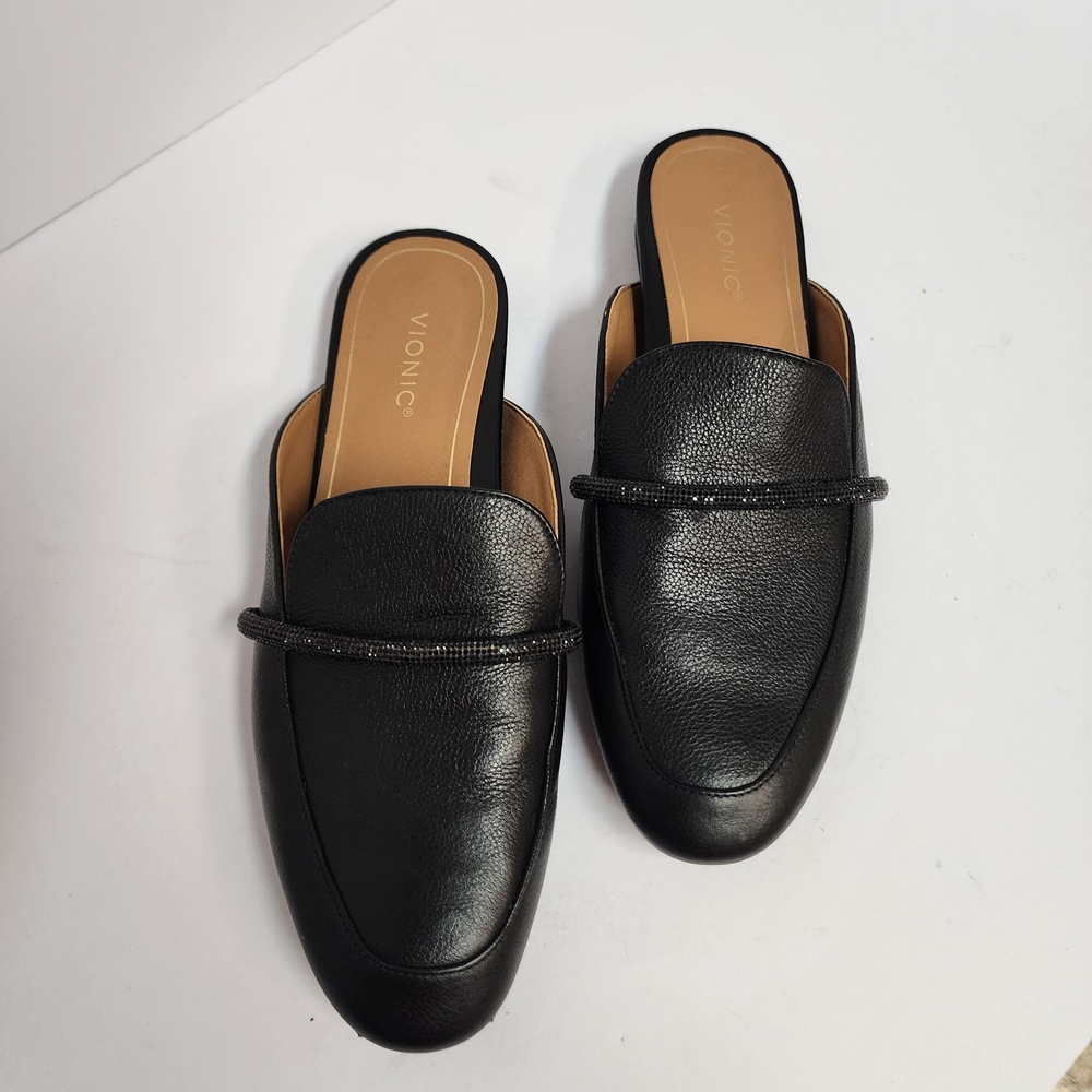 Vionic Black Seraphina Leather Slip-On Mules Size 8.5